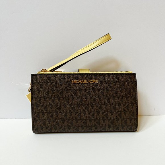 Michael Kors Jet Set Travel Large Double Zip Wristlet MK Brown Yellow - Picture 1 of 10